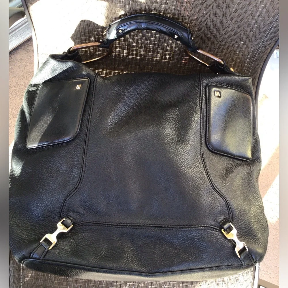 Ann Taylor Black Leather Studded Large Hobo Shoulder Bag
